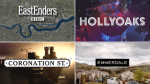 Main UK soap logos: Eastenders, Hollyoaks, Coronation Street, Emmerdale